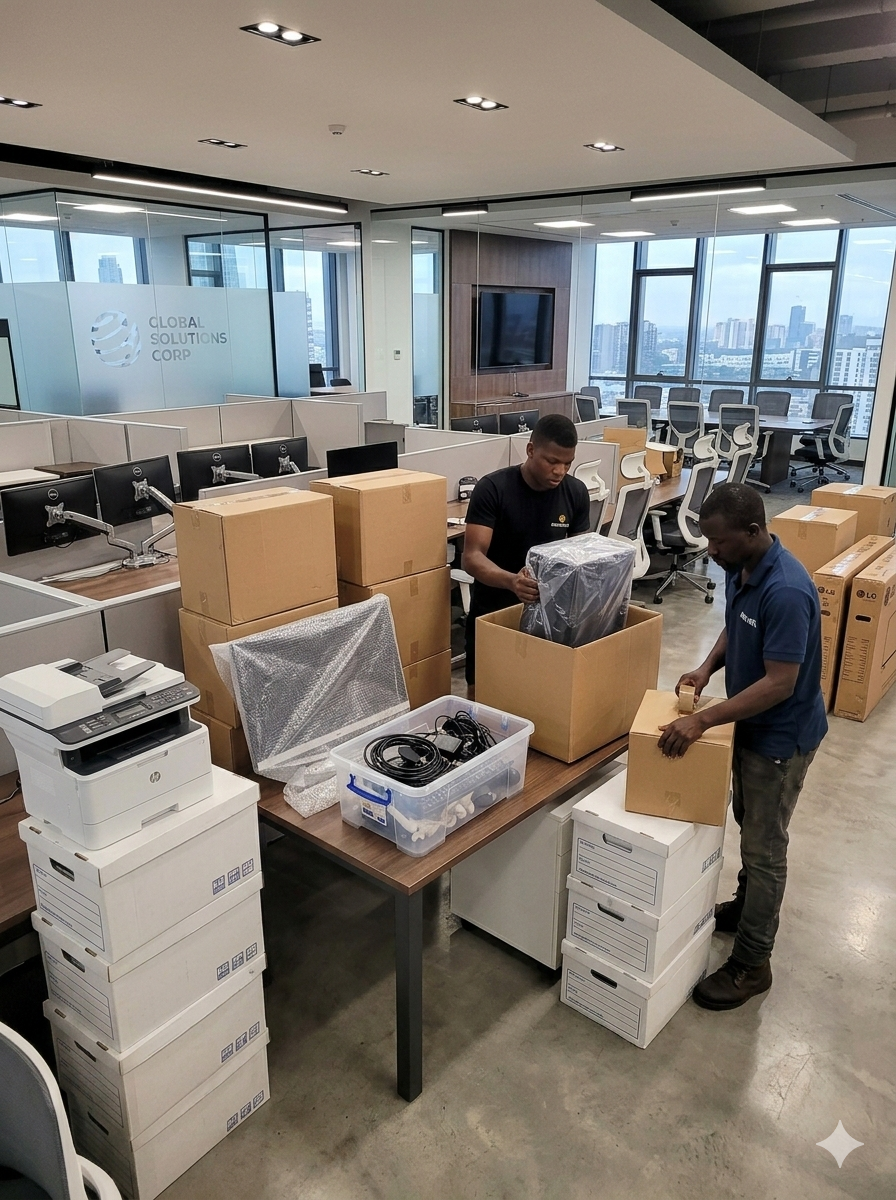 Professional movers handling office furniture and equipment during a corporate office relocation